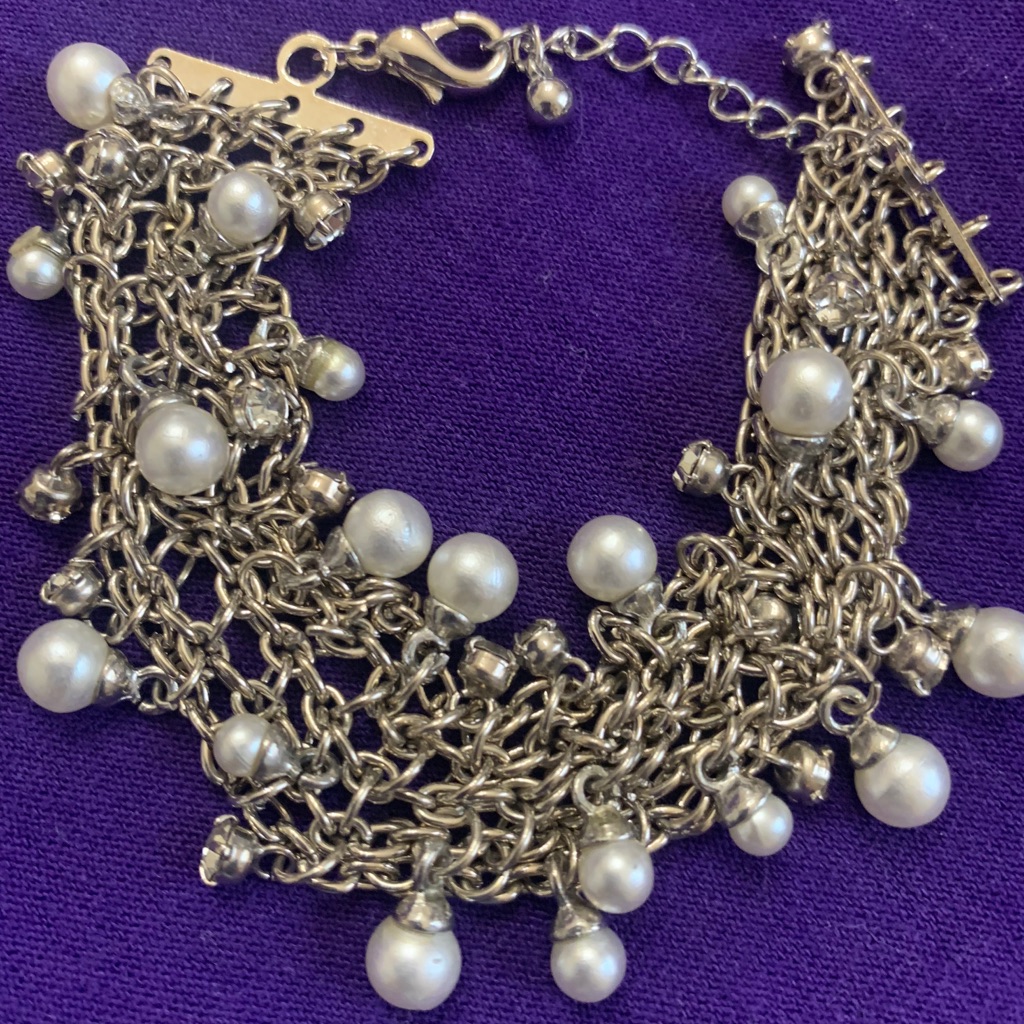 Cache Pearl Silver Tone Mesh Rhinestone Bracelet 70$